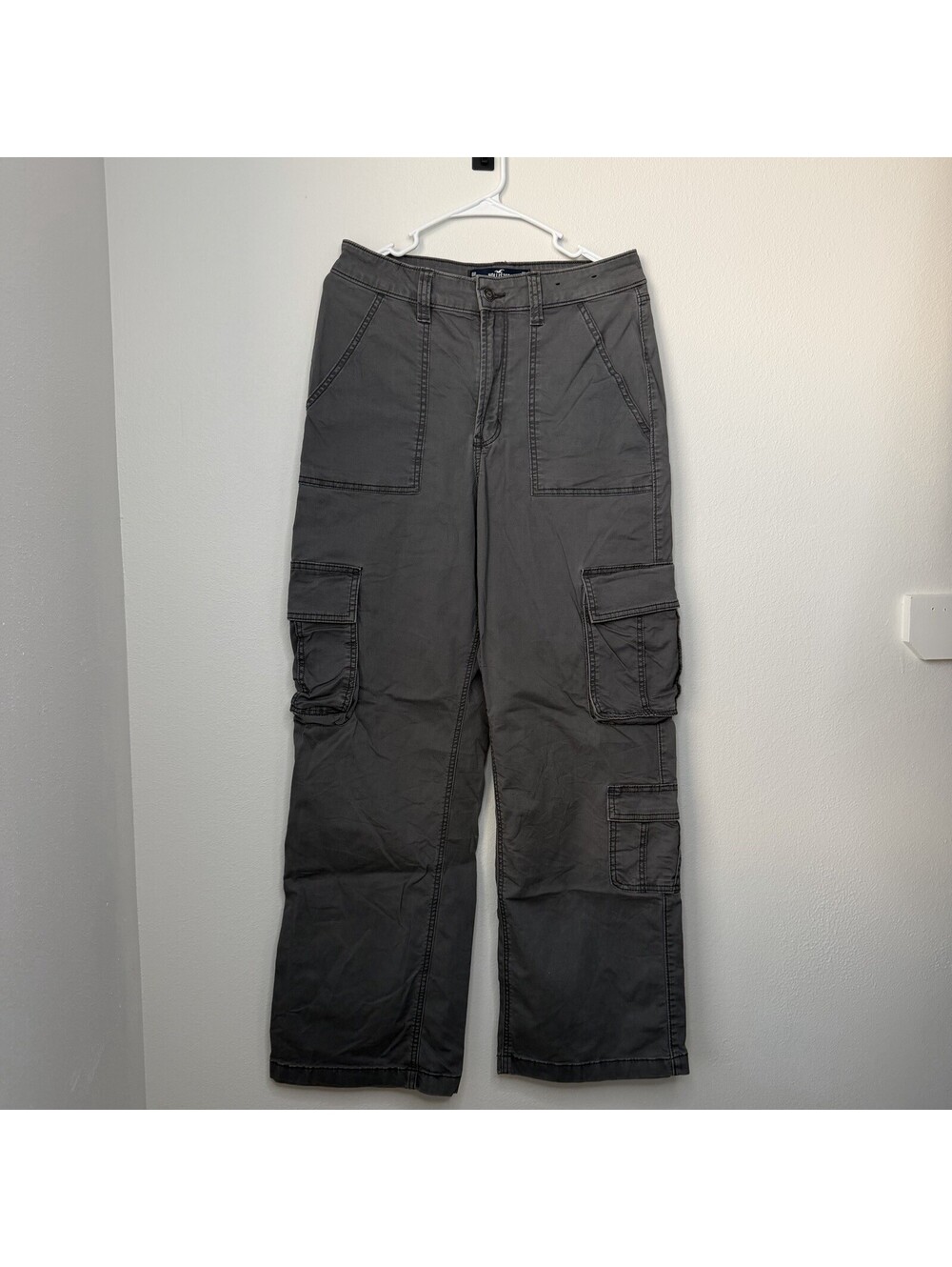 hollister women’s gray solid high rise relaxed wide leg cargo pants size 8